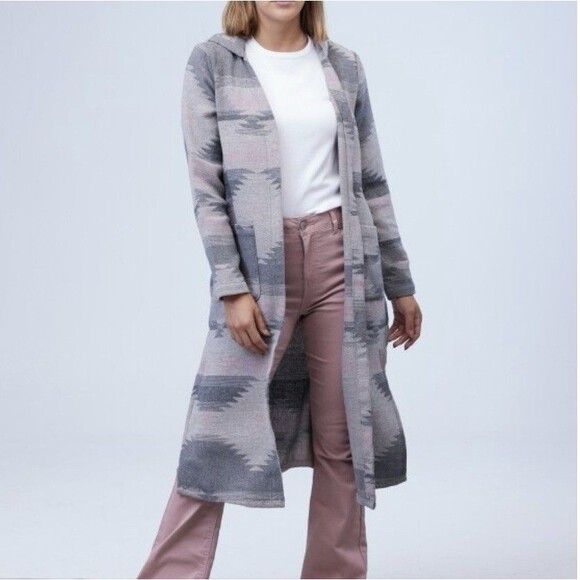 NWOT Dictionary Hooded Long Open Front Cardigan Gray And Pink Womens Size Medium - Picture 1 of 10